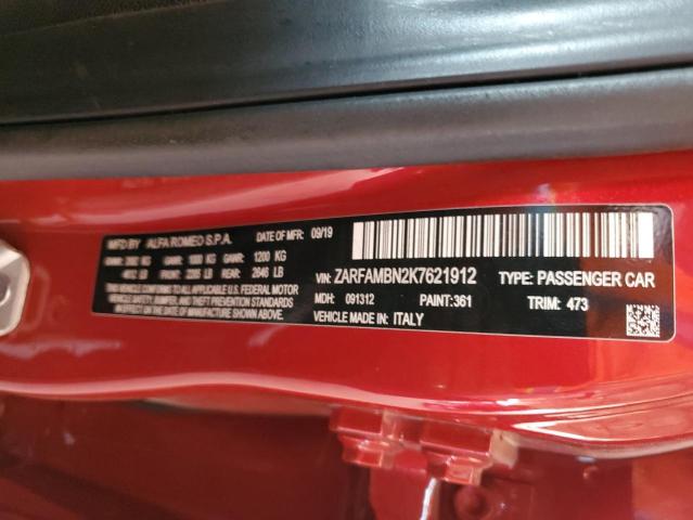 2019 Alfa Romeo Giulia Ti VIN: ZARFAMBN2K7621912 Lot: 52886884