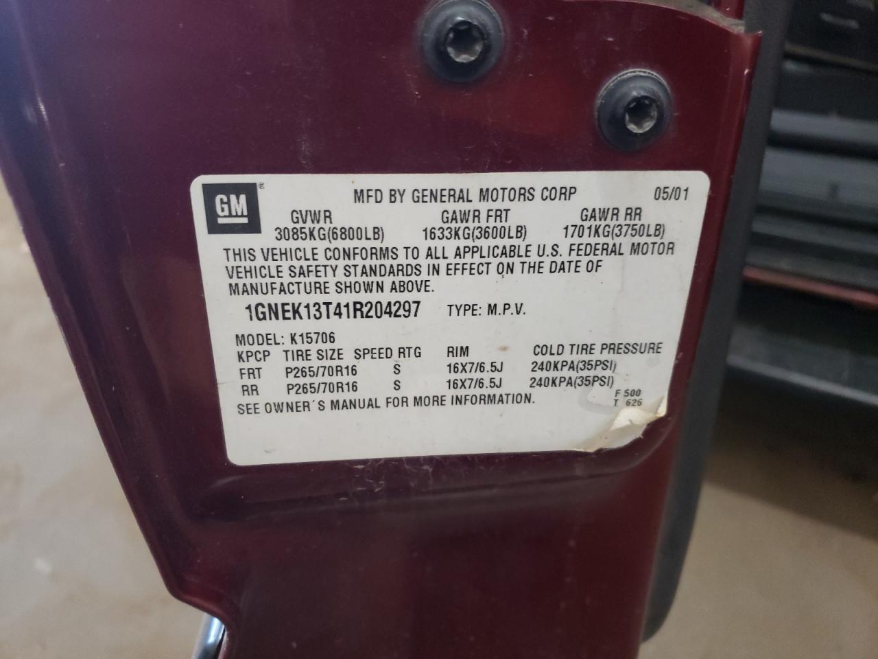 1GNEK13T41R204297 2001 Chevrolet Tahoe K1500