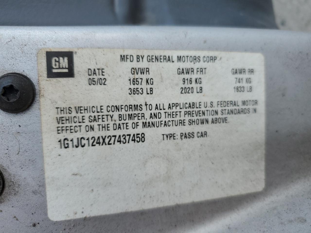 1G1JC124X27437458 2002 Chevrolet Cavalier