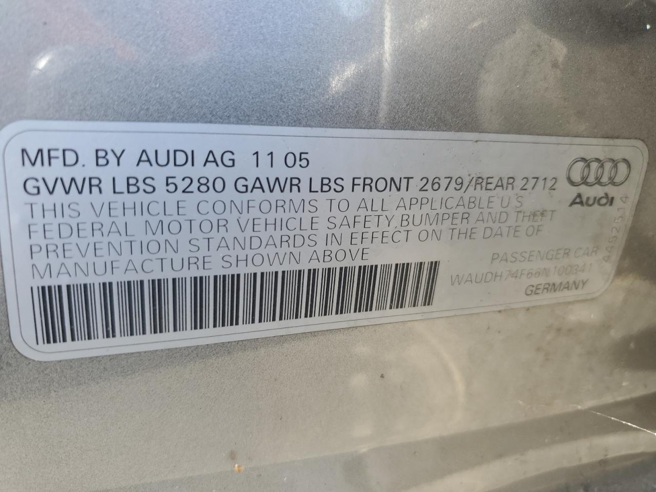 WAUDH74F66N100341 2006 Audi A6 3.2 Quattro