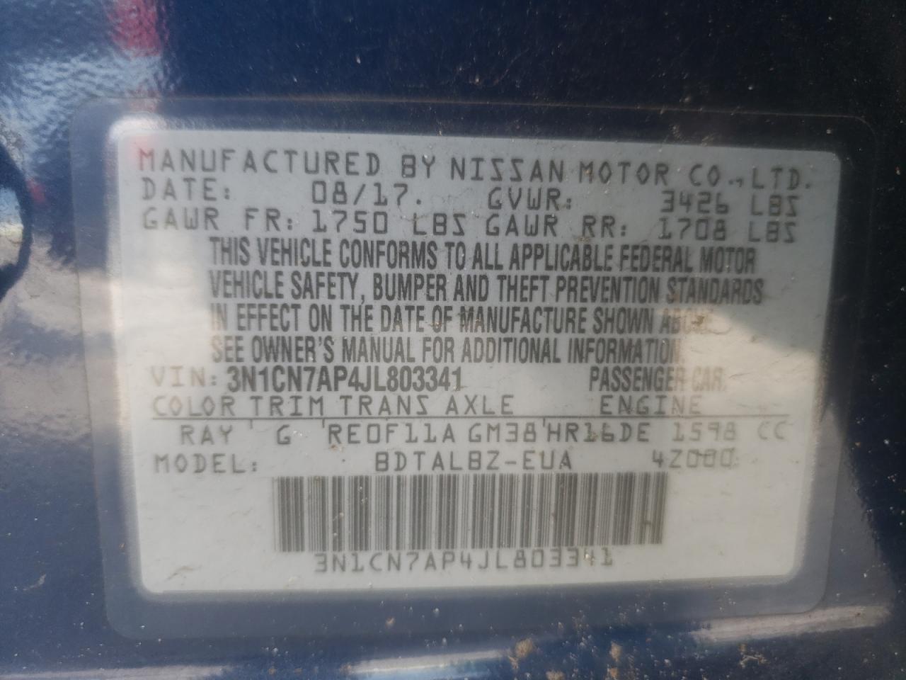 3N1CN7AP4JL803341 2018 Nissan Versa S