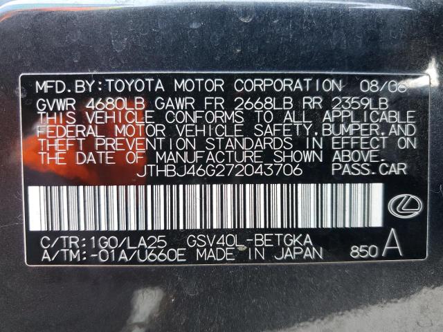 2007 Lexus Es 350 VIN: JTHBJ46G272043706 Lot: 59684944