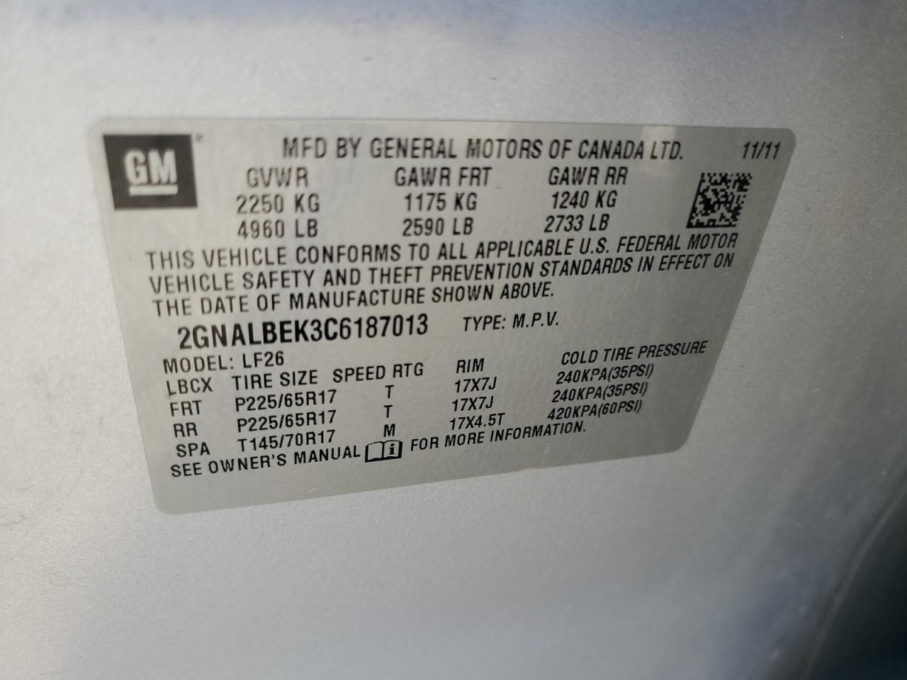 2GNALBEK3C6187013 2012 Chevrolet Equinox Ls