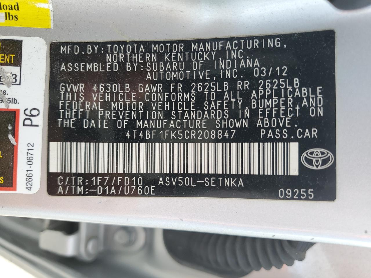 4T4BF1FK5CR208847 2012 Toyota Camry Base