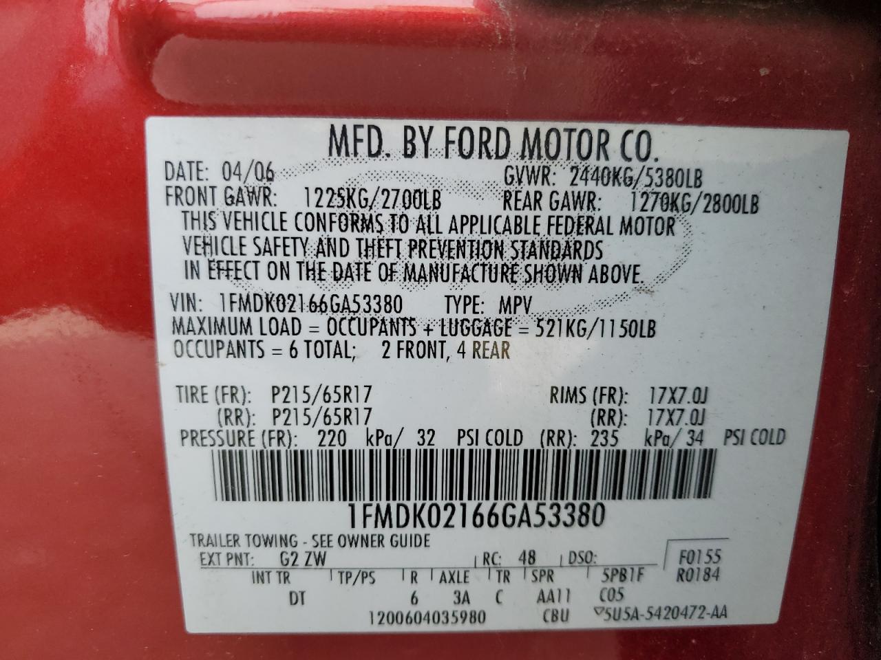 1FMDK02166GA53380 2006 Ford Freestyle Sel