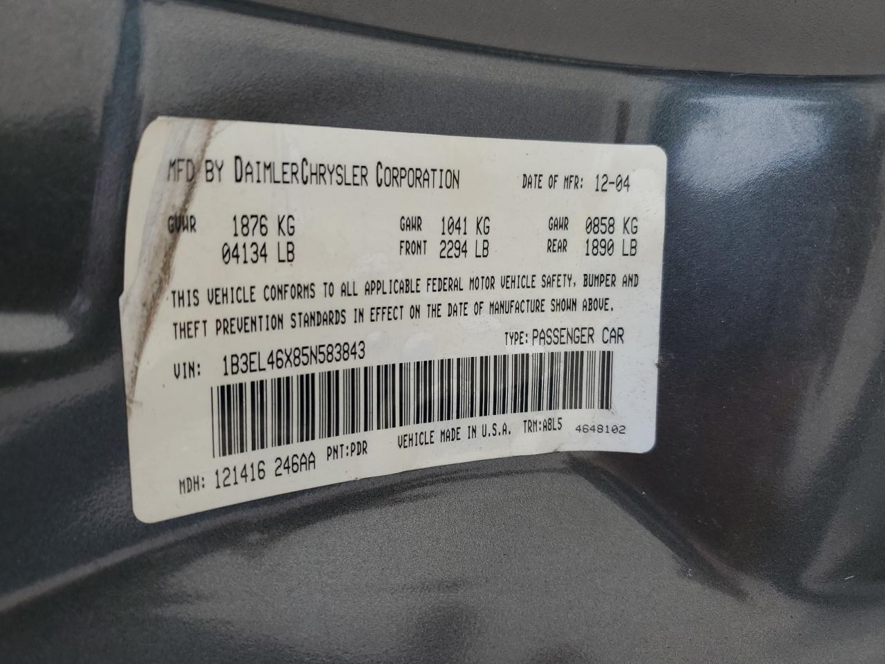 1B3EL46X85N583843 2005 Dodge Stratus Sxt