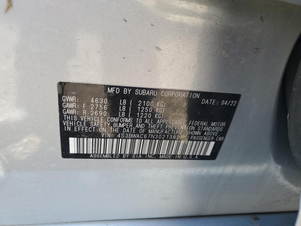 4S3BWAC67N3021382 2022 Subaru Legacy Premium