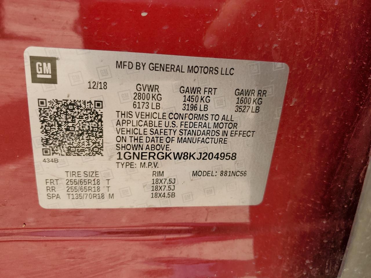 1GNERGKW8KJ204958 2019 Chevrolet Traverse Lt