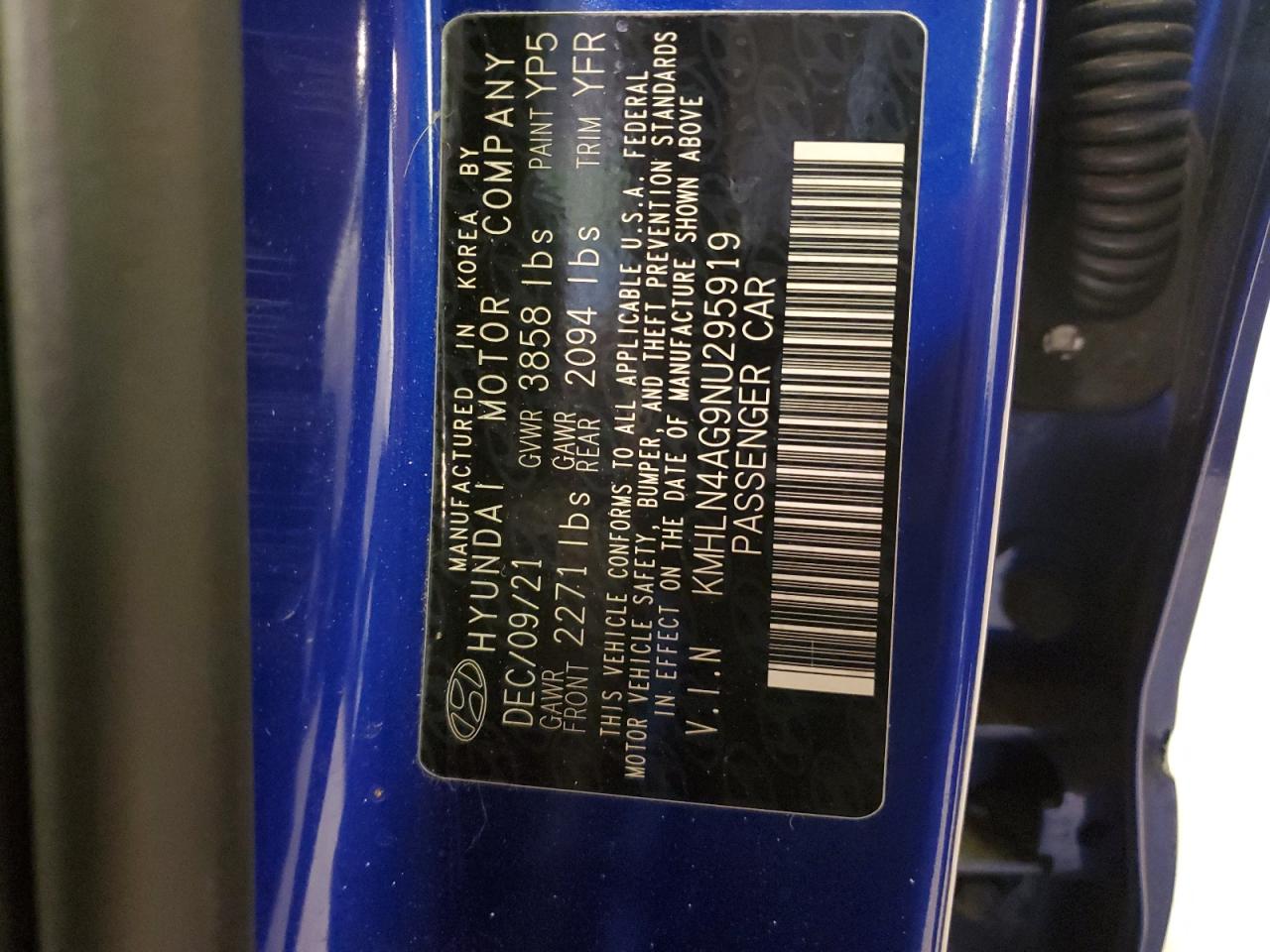 KMHLN4AG9NU295919 2022 Hyundai Elantra Sel