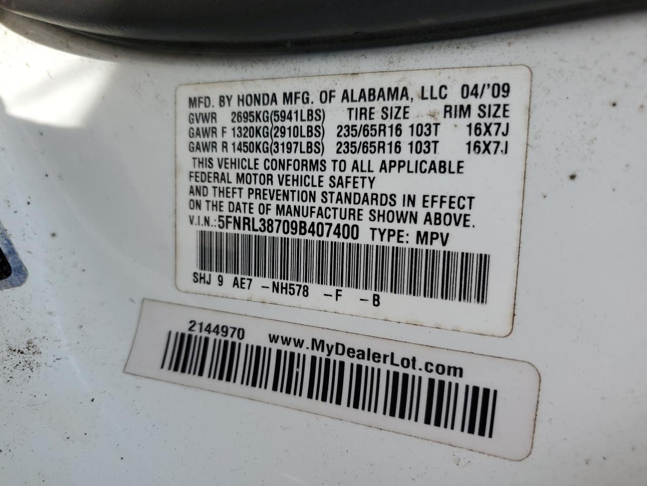 5FNRL38709B407400 2009 Honda Odyssey Exl