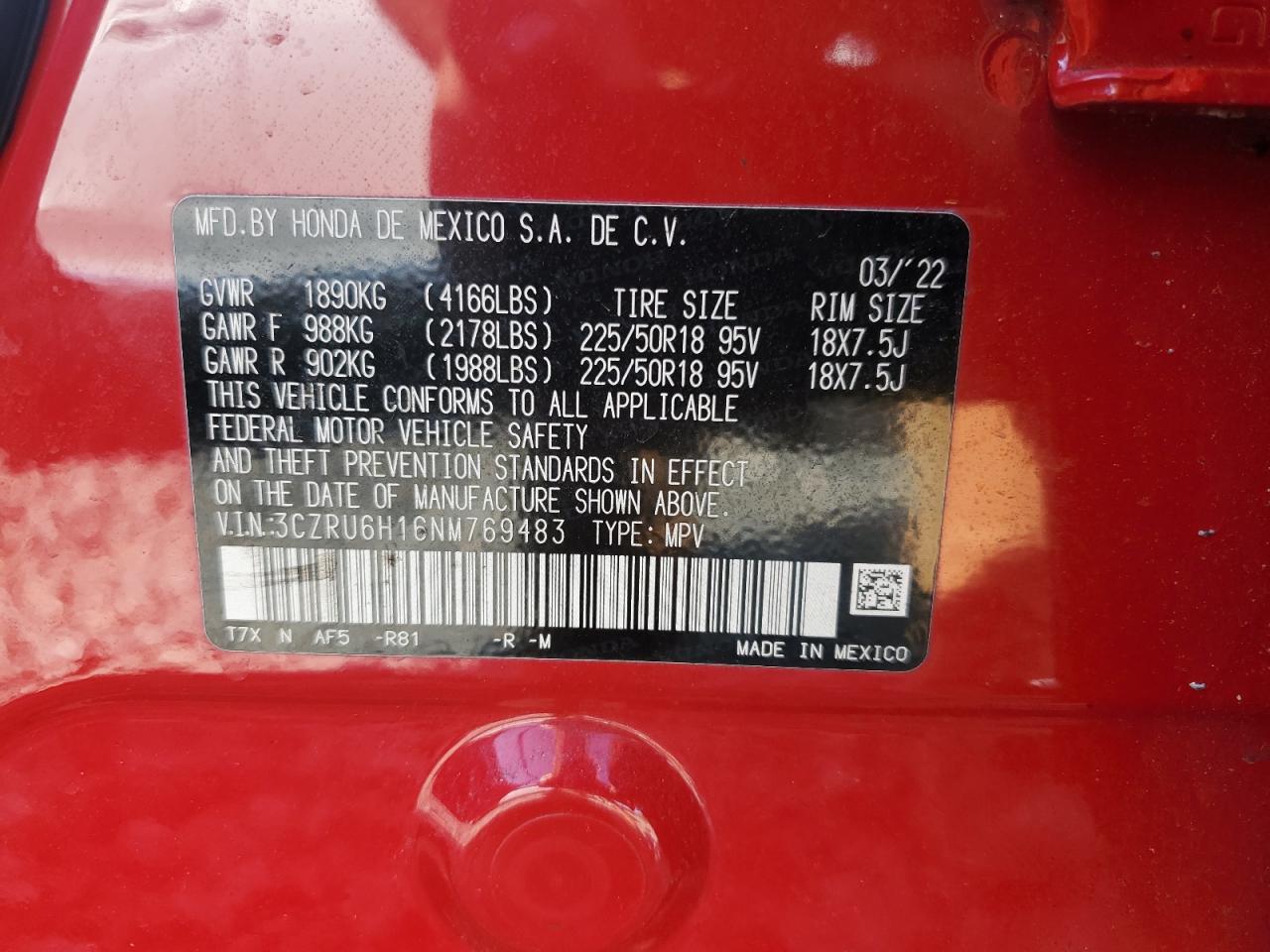 3CZRU6H16NM769483 2022 Honda Hr-V Sport