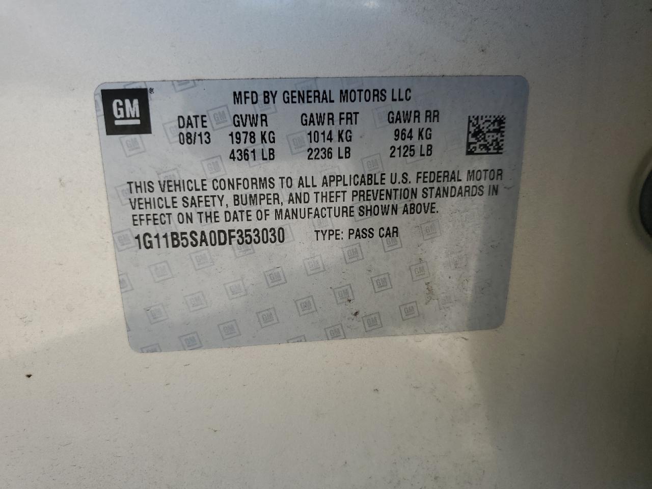 1G11B5SA0DF353030 2013 Chevrolet Malibu Ls