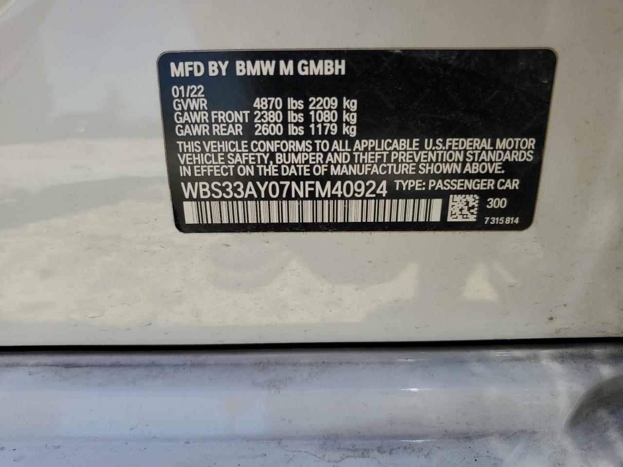 WBS33AY07NFM40924 2022 BMW M3 Competition