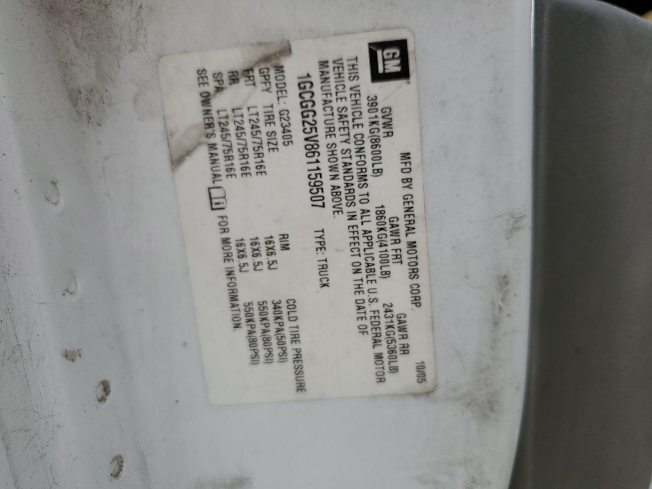 1GCGG25V861159507 2006 Chevrolet Express G2500