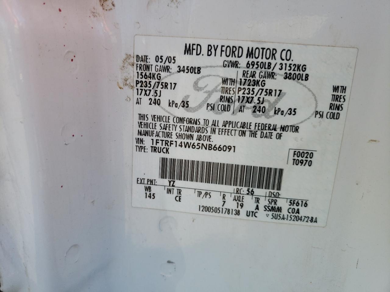 1FTRF14W65NB66091 2005 Ford F150