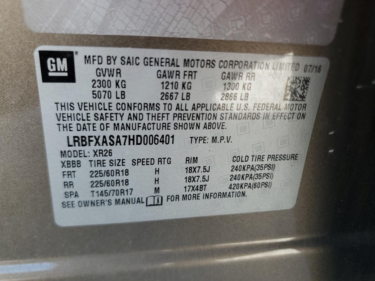 LRBFXASA7HD006401 2017 Buick Envision Preferred