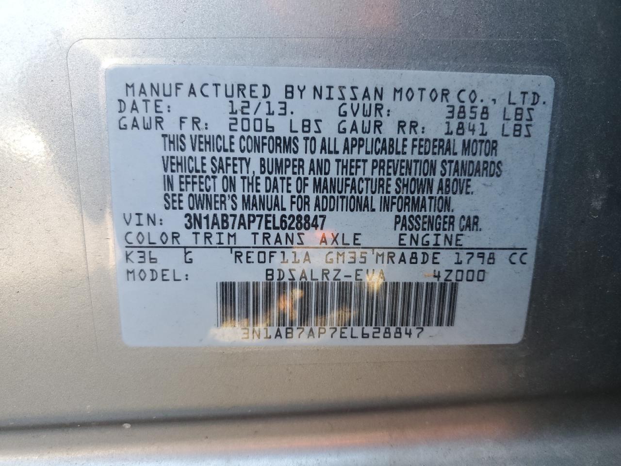 3N1AB7AP7EL628847 2014 Nissan Sentra S