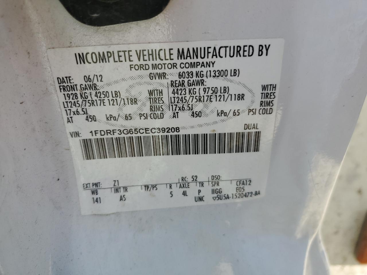 1FDRF3G65CEC39208 2012 Ford F350 Super Duty