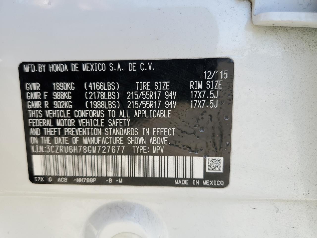 3CZRU6H78GM727677 2016 Honda Hr-V Exl