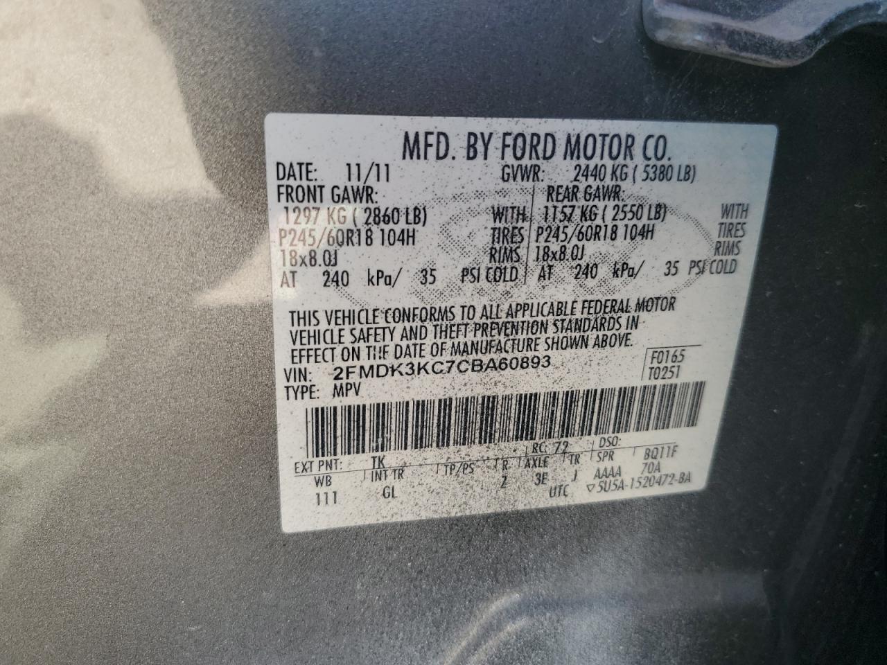 2FMDK3KC7CBA60893 2012 Ford Edge Limited