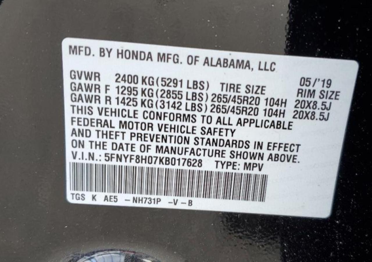 5FNYF8H07KB017628 2019 Honda Passport Elite