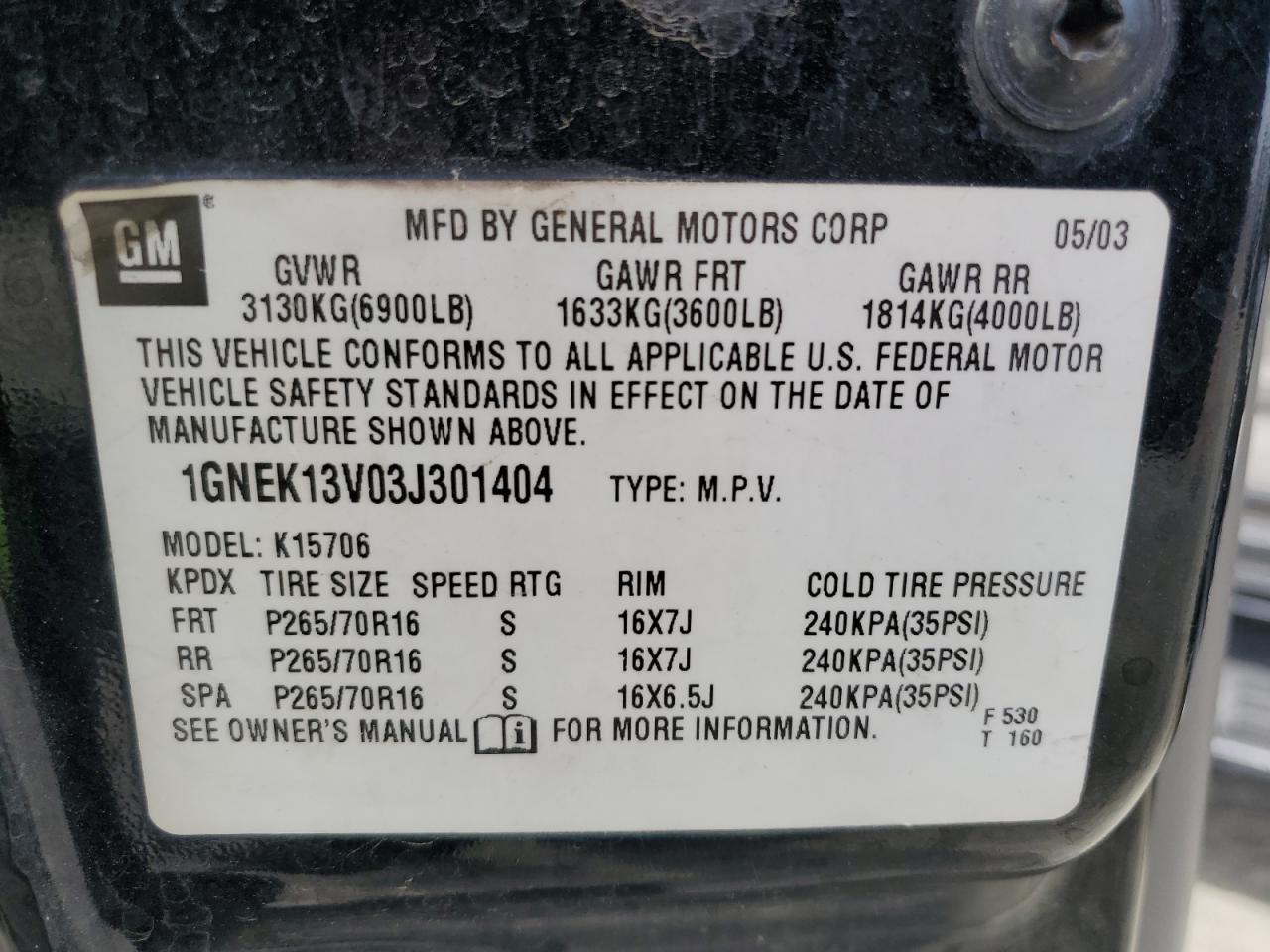 1GNEK13V03J301404 2003 Chevrolet Tahoe K1500