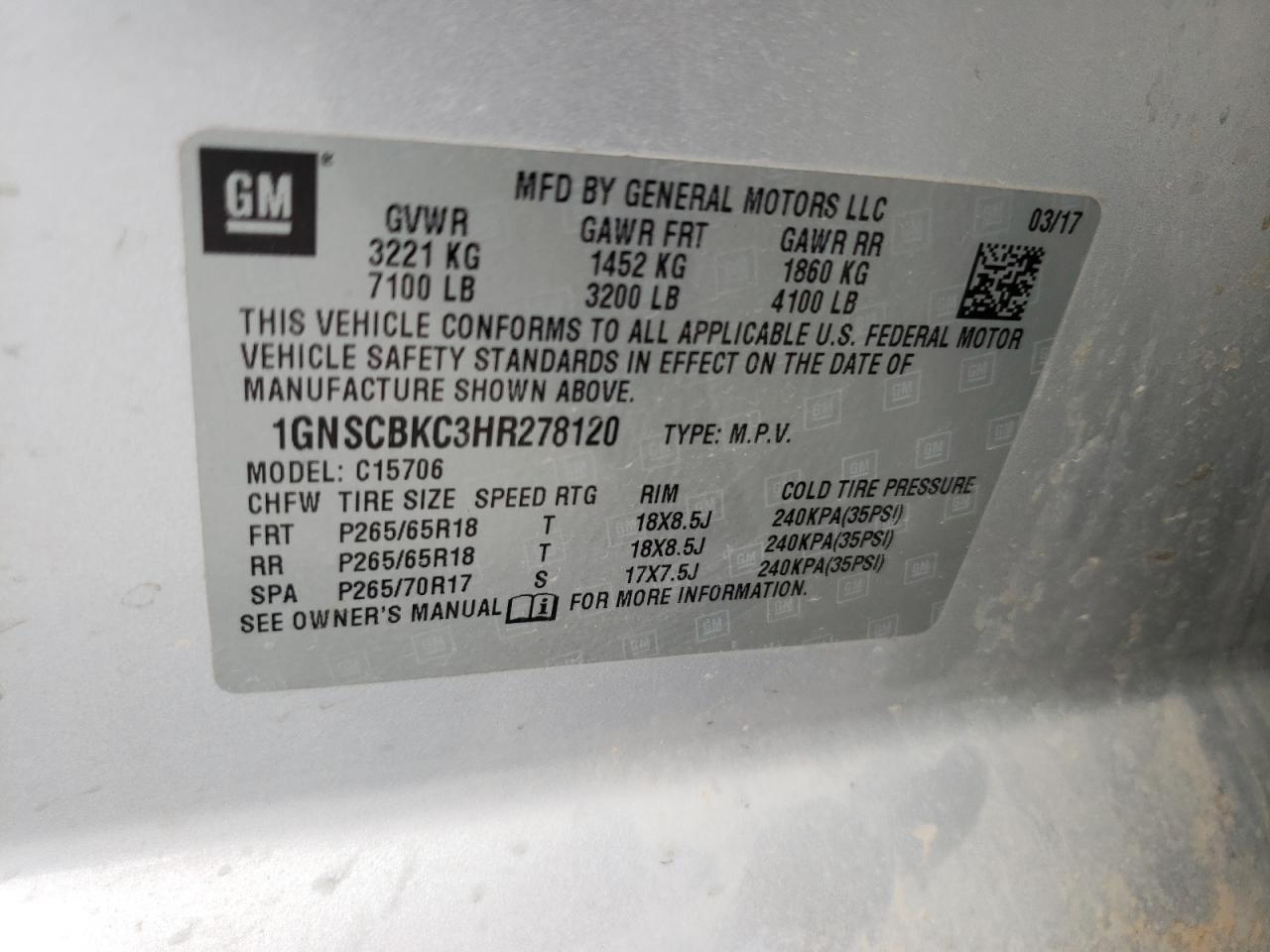 1GNSCBKC3HR278120 2017 Chevrolet Tahoe C1500 Lt