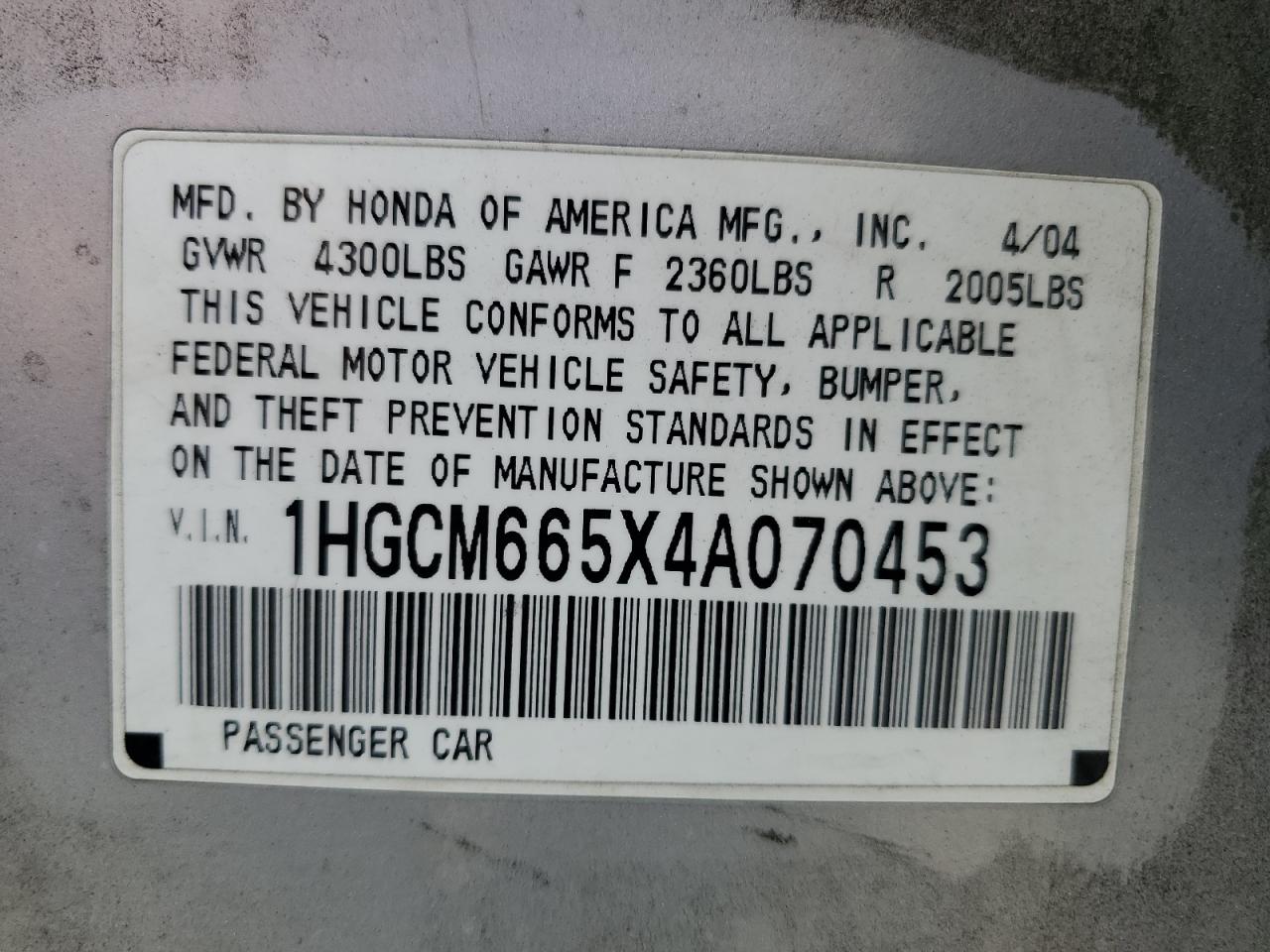 1HGCM665X4A070453 2004 Honda Accord Ex