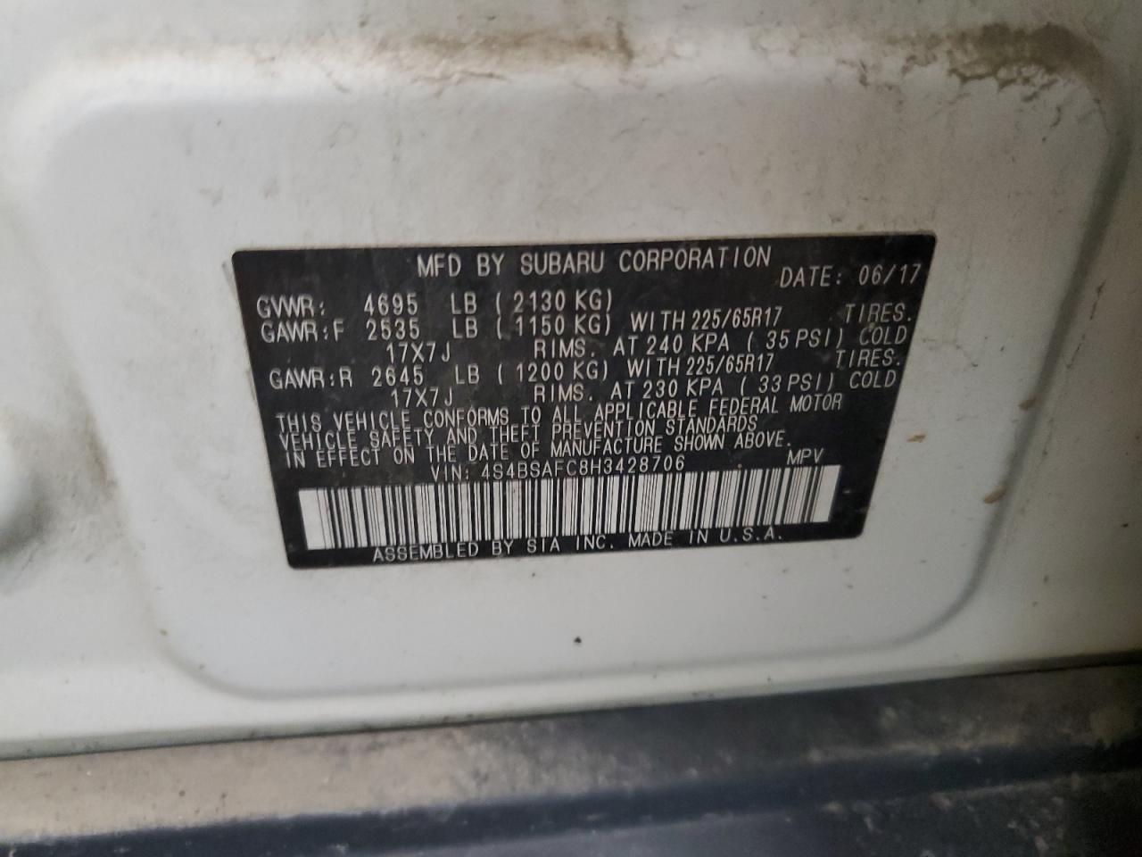 4S4BSAFC8H3428706 2017 Subaru Outback 2.5I Premium