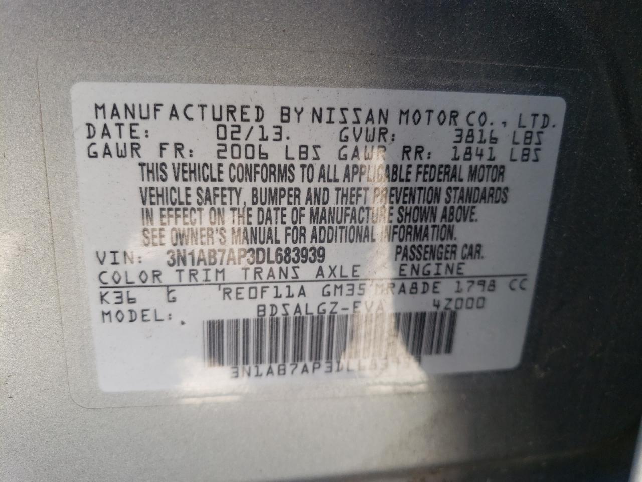 3N1AB7AP3DL683939 2013 Nissan Sentra S