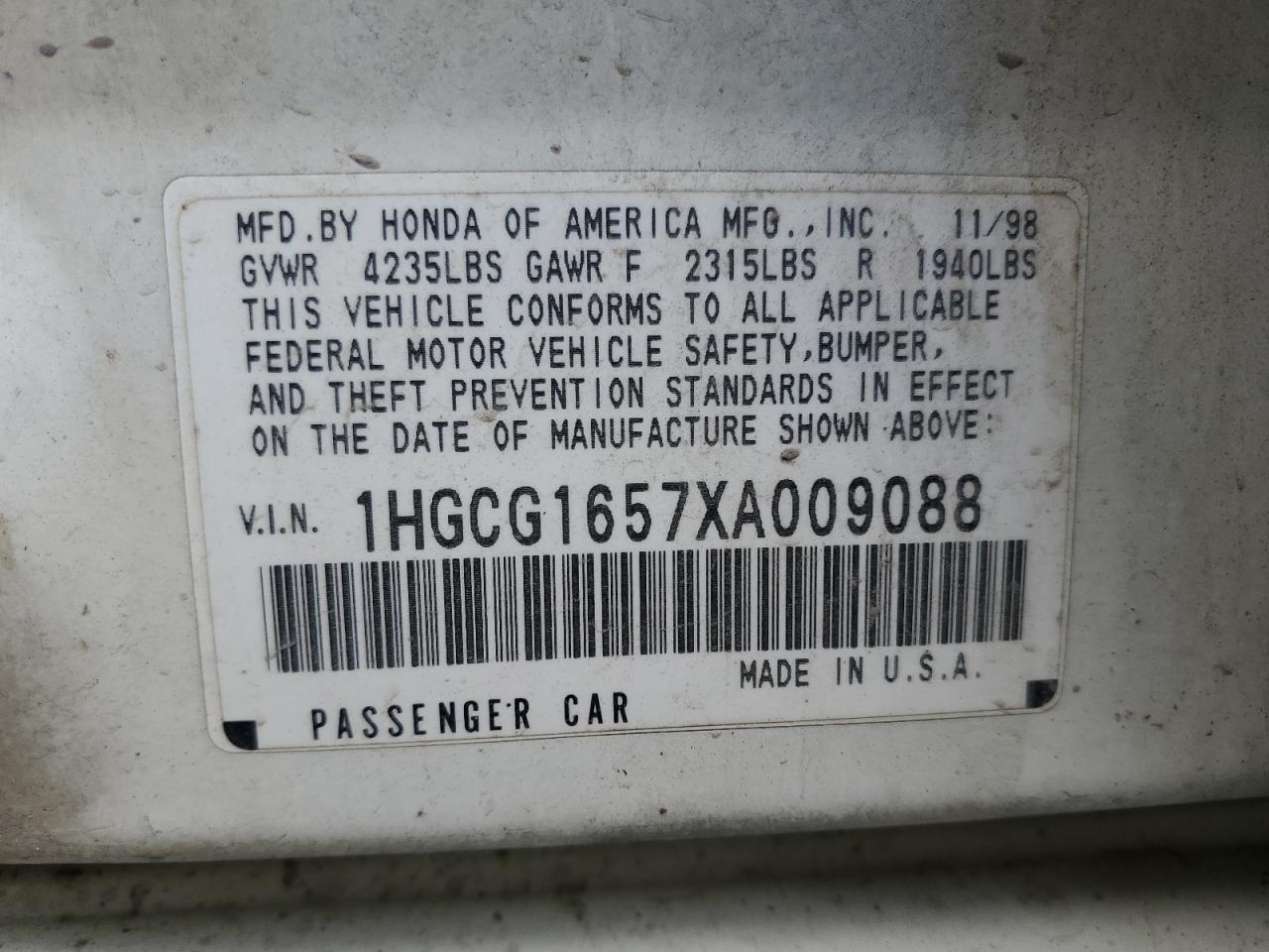 1HGCG1657XA009088 1999 Honda Accord Ex