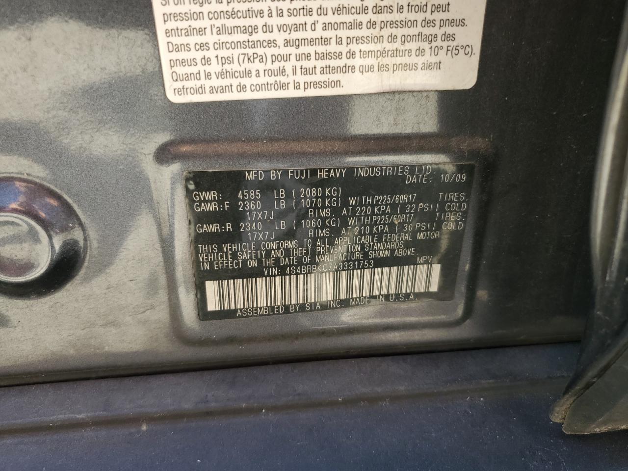 4S4BRBKC7A3331753 2010 Subaru Outback 2.5I Limited