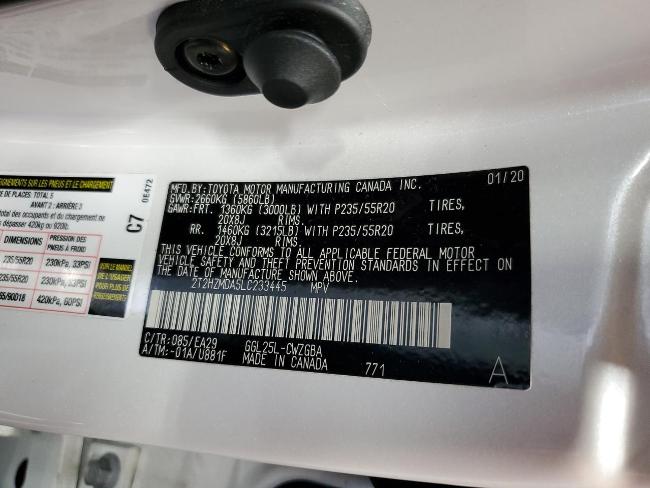 2T2HZMDA5LC233445 2020 Lexus Rx 350