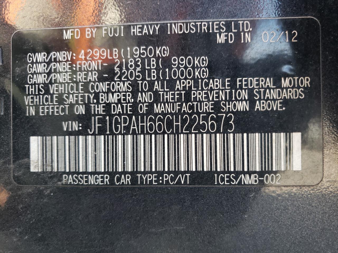 JF1GPAH66CH225673 2012 Subaru Impreza Limited