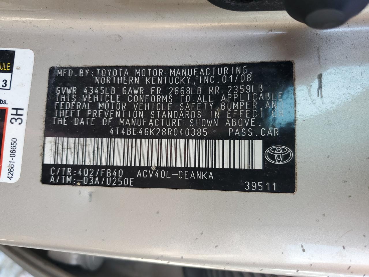 4T4BE46K28R040385 2008 Toyota Camry Ce