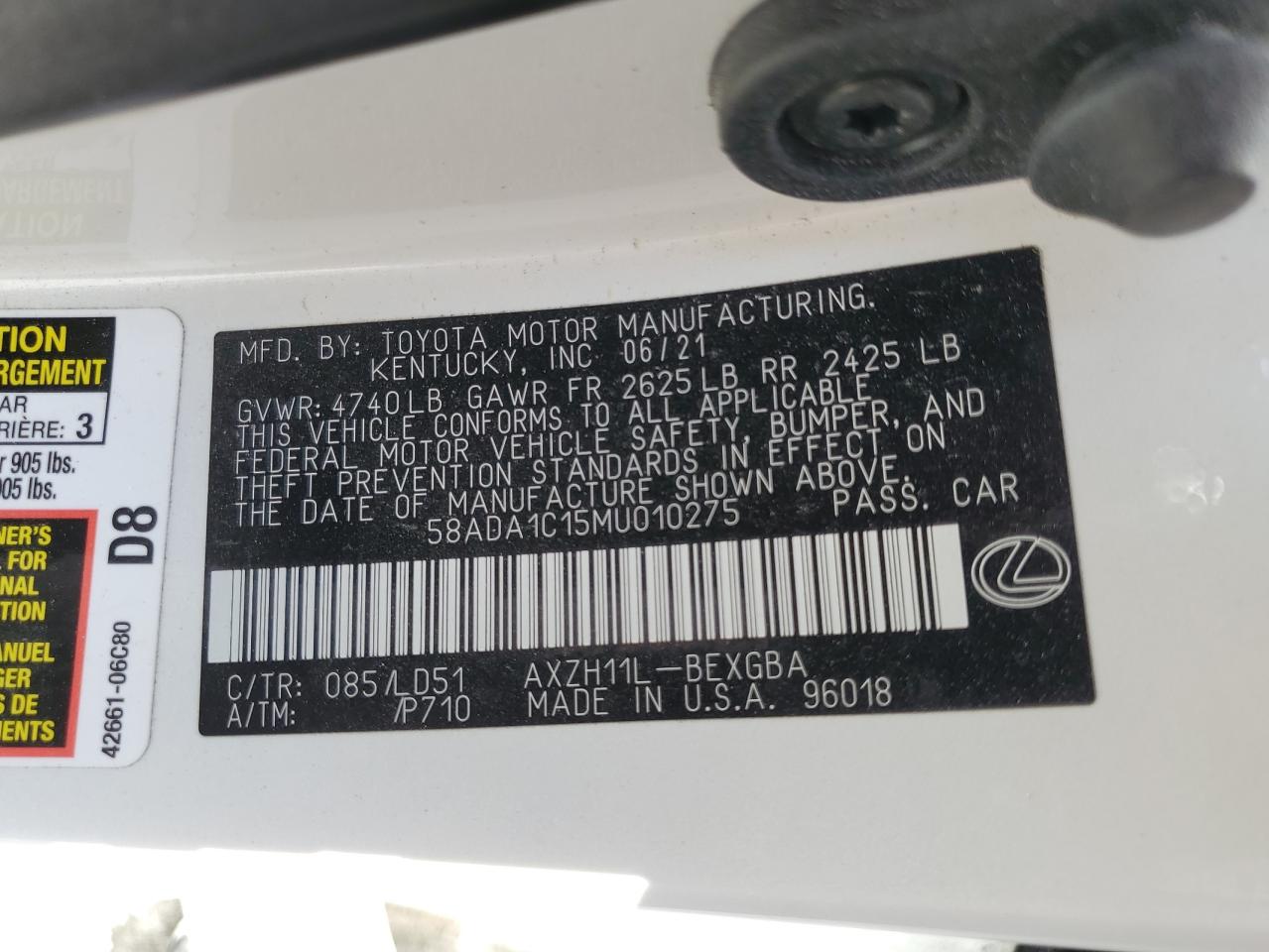 58ADA1C15MU010275 2021 Lexus Es 300H