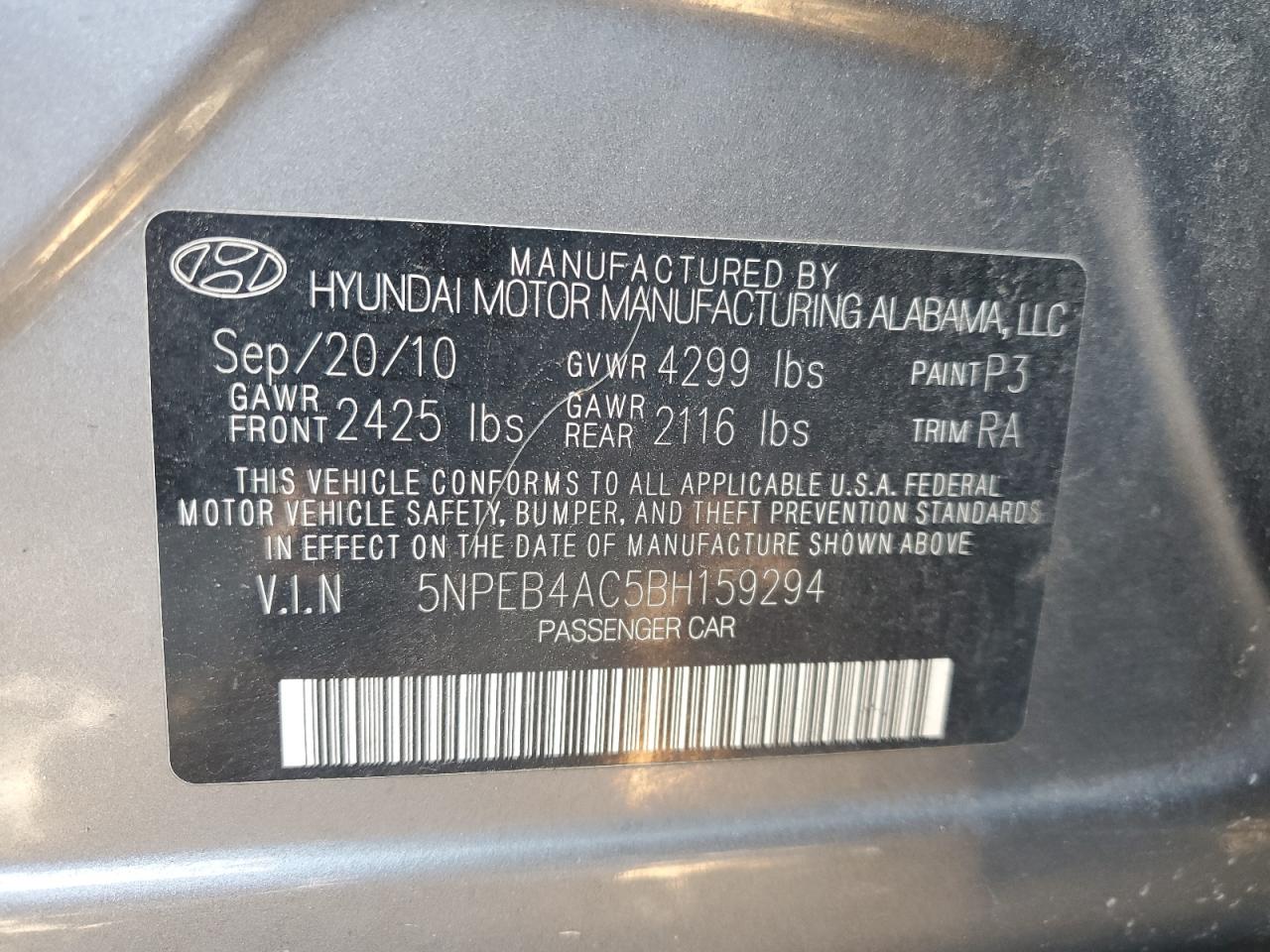 5NPEB4AC5BH159294 2011 Hyundai Sonata Gls