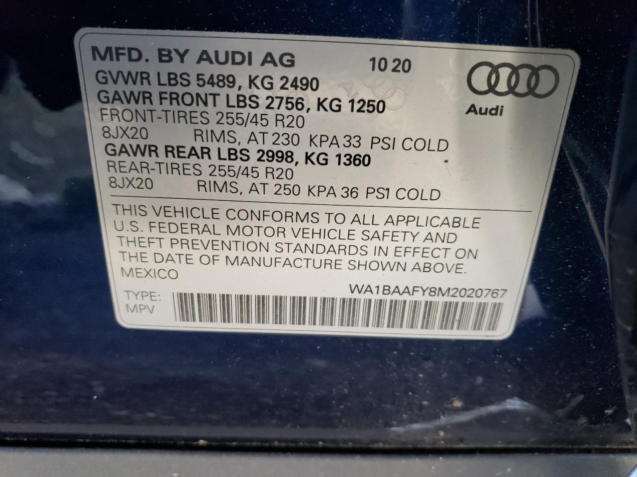 WA1BAAFY8M2020767 2021 Audi Q5 Premium Plus