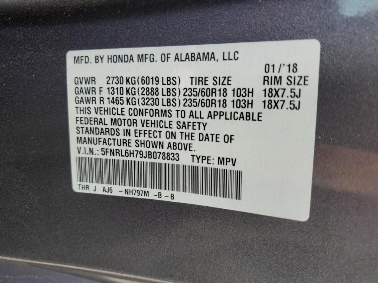 5FNRL6H79JB078833 2018 Honda Odyssey Exl