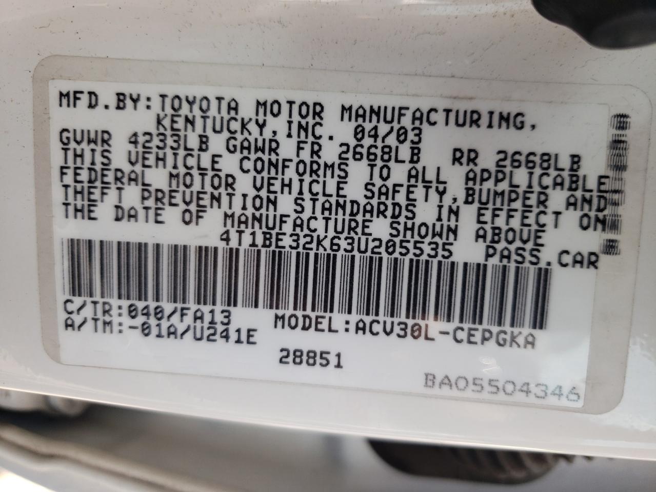 4T1BE32K63U205535 2003 Toyota Camry Le