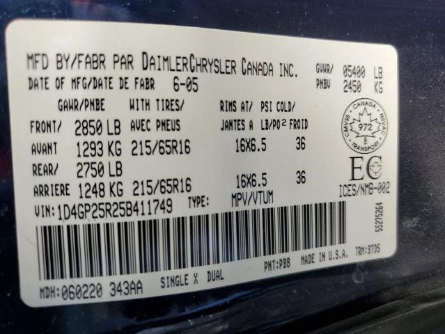 2005 Dodge Caravan Se VIN: 1D4GP25R25B411749 Lot: 58179964