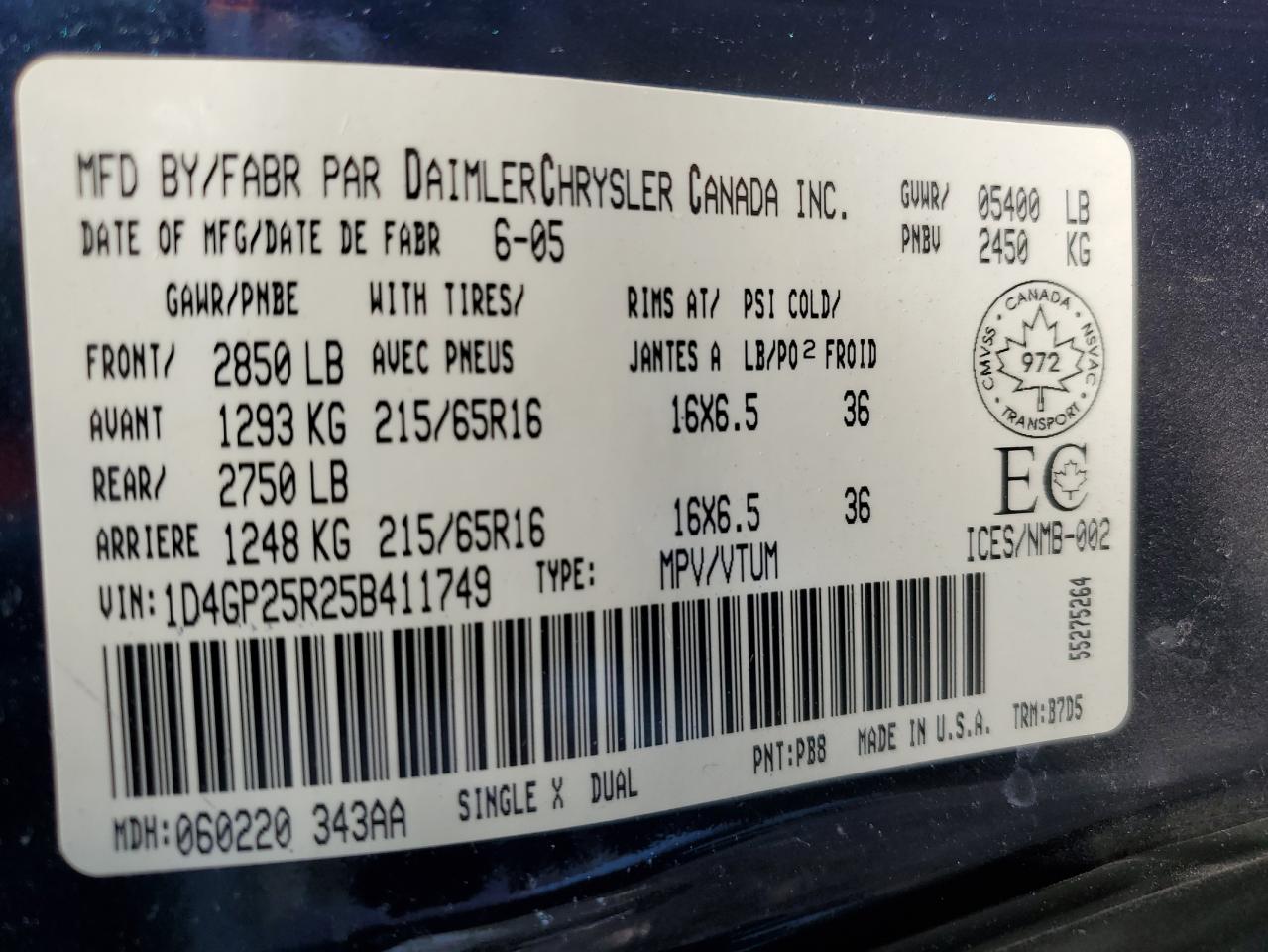 1D4GP25R25B411749 2005 Dodge Caravan Se