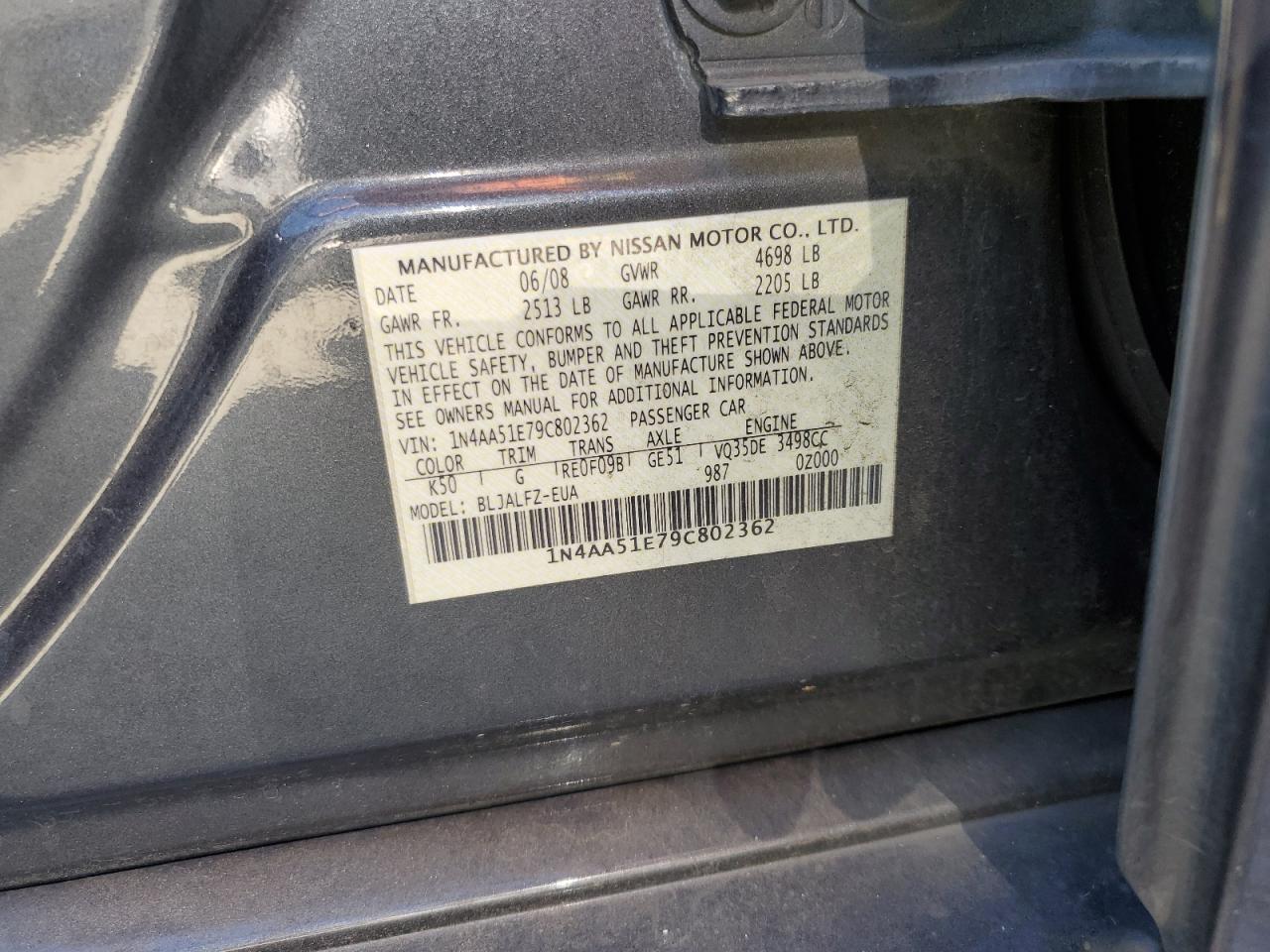 1N4AA51E79C802362 2009 Nissan Maxima S