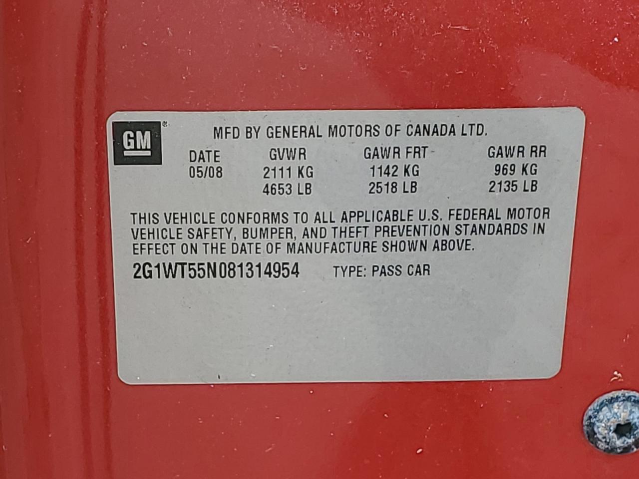 2G1WT55N081314954 2008 Chevrolet Impala Lt