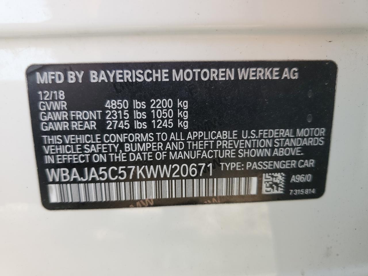 WBAJA5C57KWW20671 2019 BMW 530 I