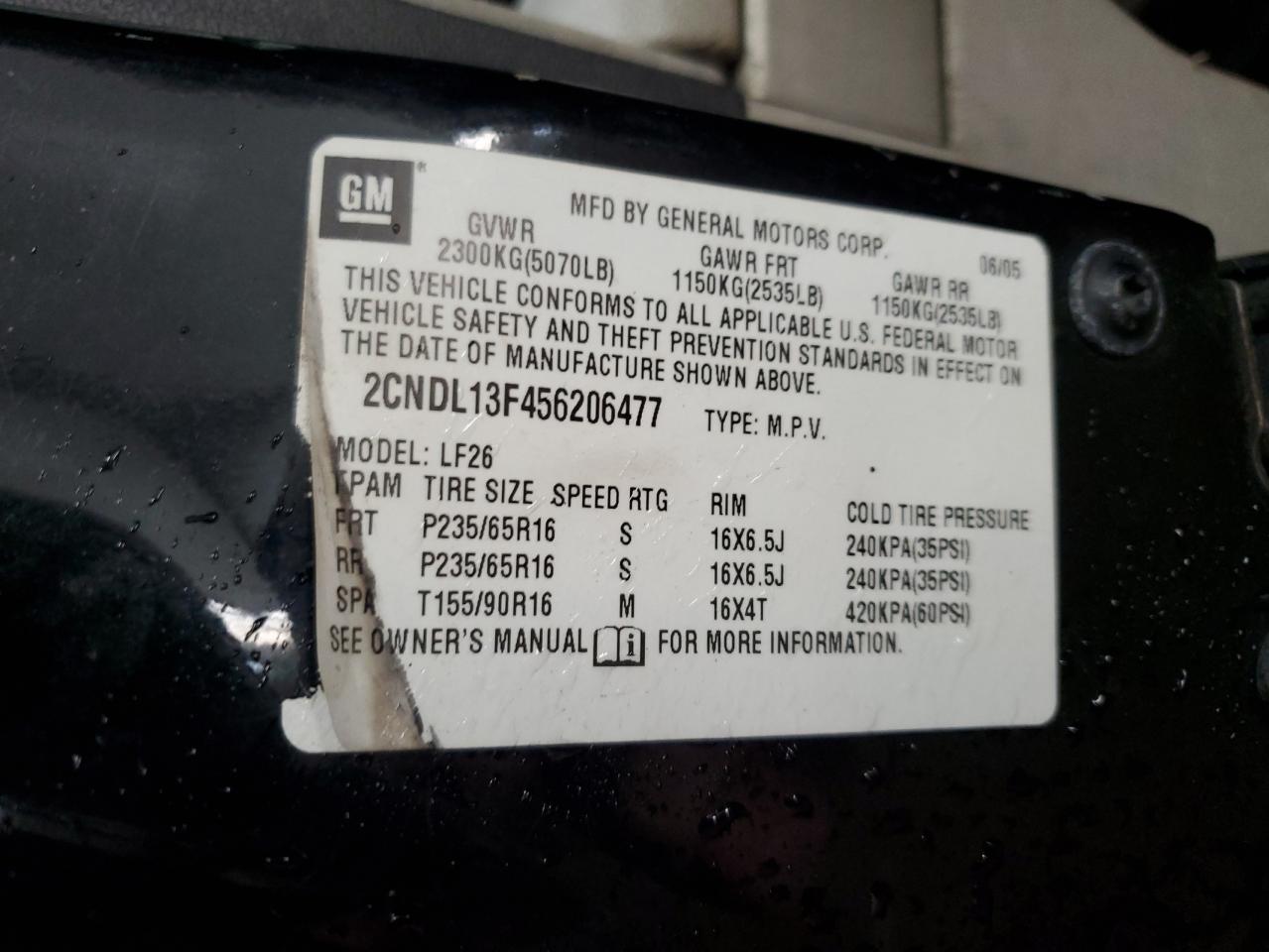 2CNDL13F456206477 2005 Chevrolet Equinox Ls