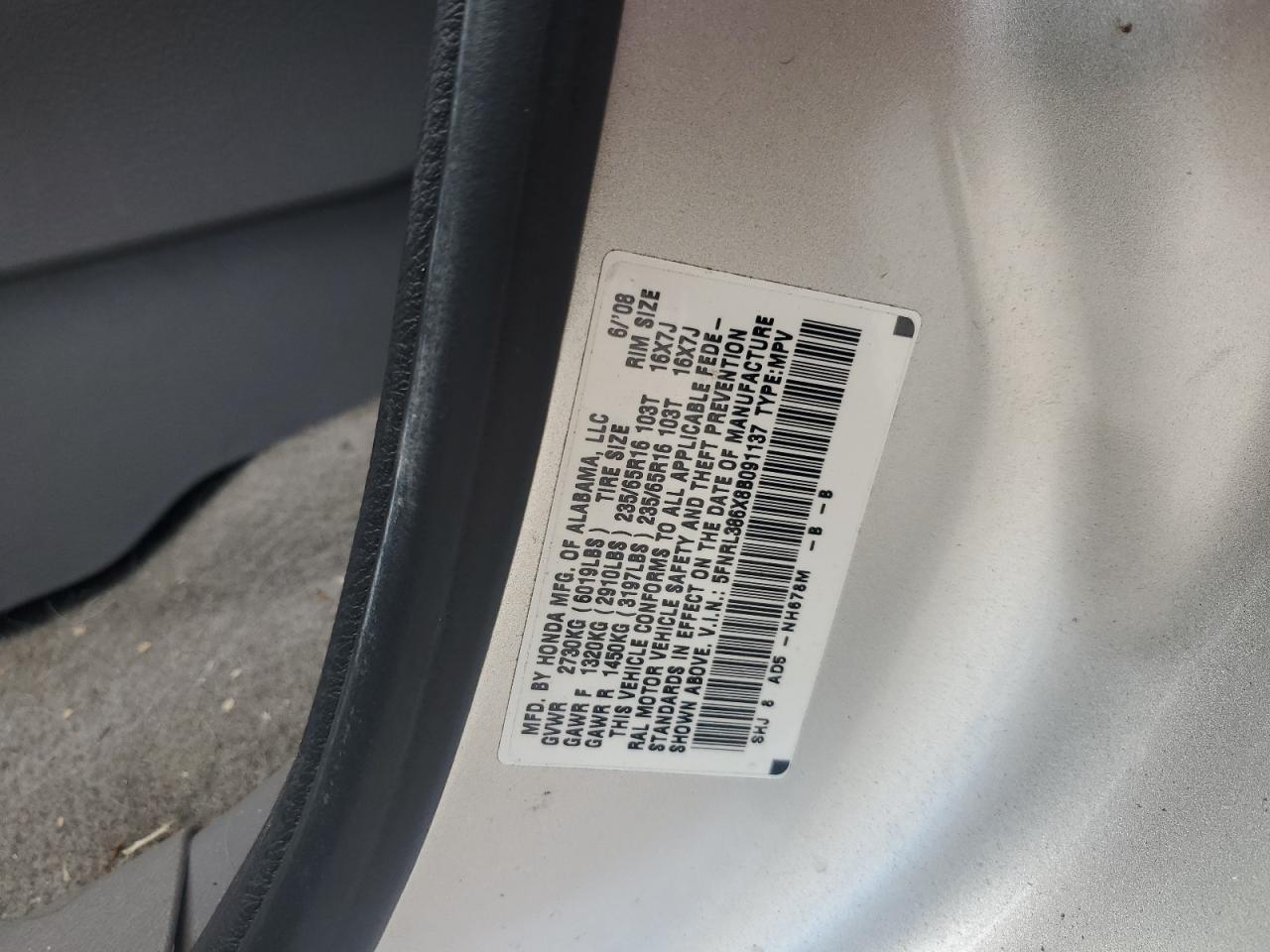 5FNRL386X8B091137 2008 Honda Odyssey Exl