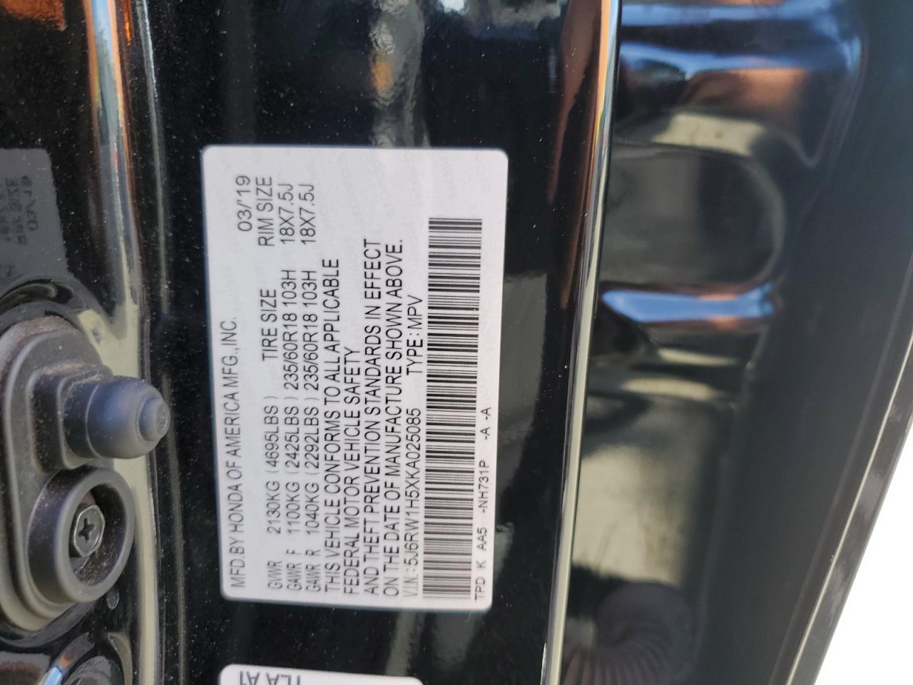 5J6RW1H5XKA025085 2019 Honda Cr-V Ex