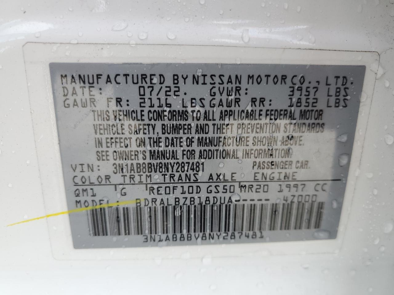 3N1AB8BV8NY287481 NISSAN SENTRA 2022