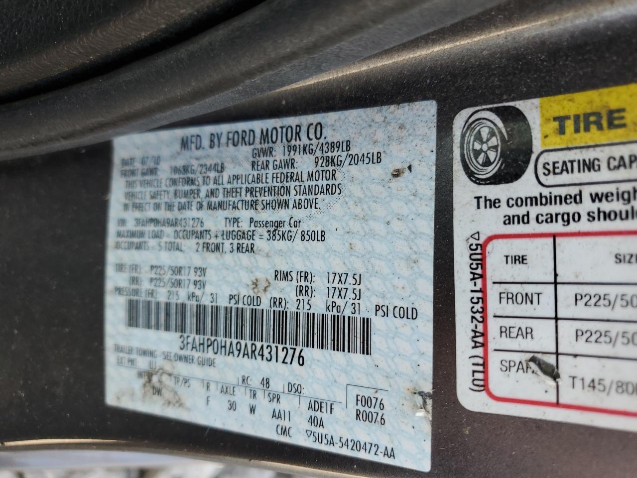 3FAHP0HA9AR431276 2010 Ford Fusion Se